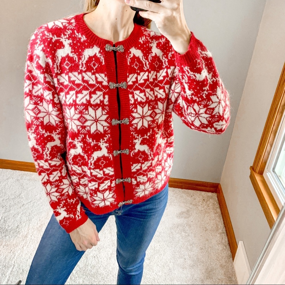 Vintage Winter Holiday‎ Snowflake Deer Silk Blend Cardigan Sweater